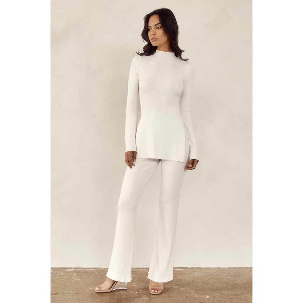 Meshki | Jovie Ribbed Knit High Rise Flare Pants - Ivory Off White